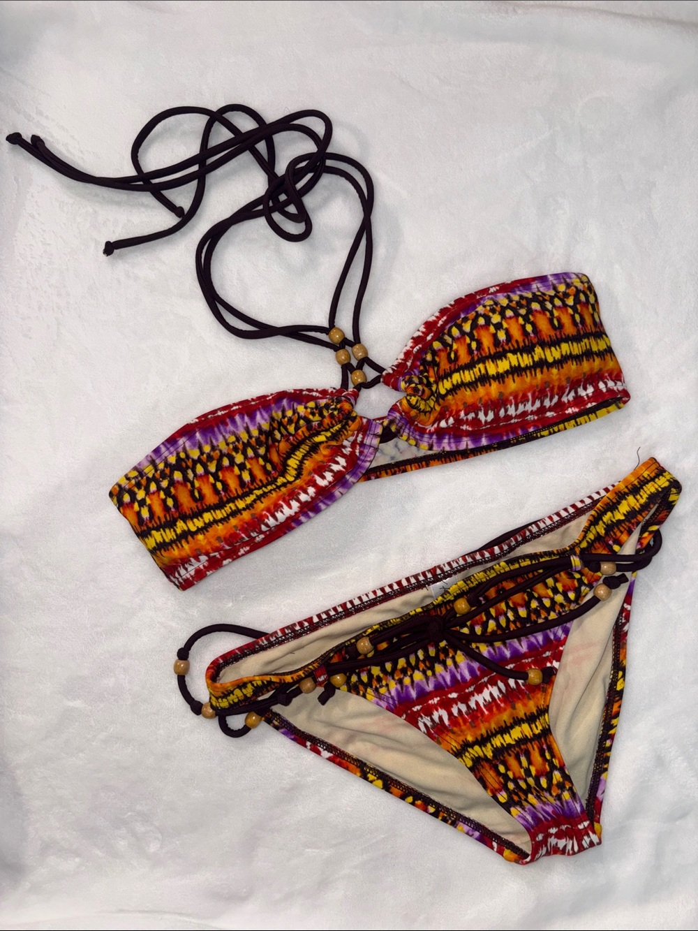 NWOT Forever 21 Y2K Boho Beaded Bandeau Bikini Set - Top L / Bottom M
